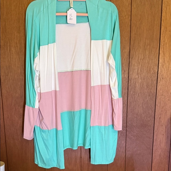 Magic Fit Tops - Magic Fit Mint, Pink & White Colorblock Open Cardigan